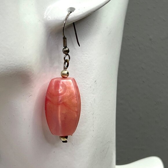 Pink Bead Dangle Earrings Chunky Faux Stone Silver Tone - Picture 2 of 4